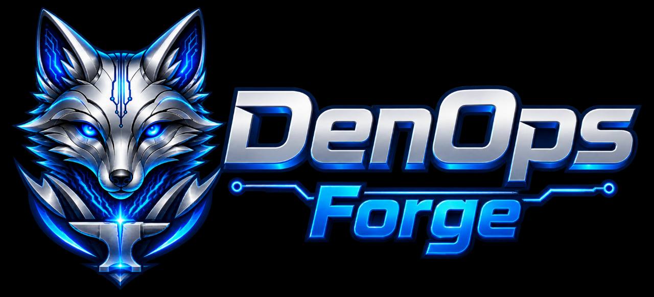 DenOps Forge — a silver and electric-blue fox above an anvil